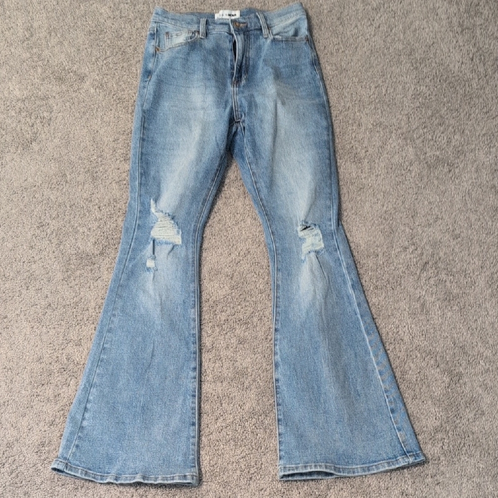 Fashion Nova Light Blue Distressed Flare Jeans